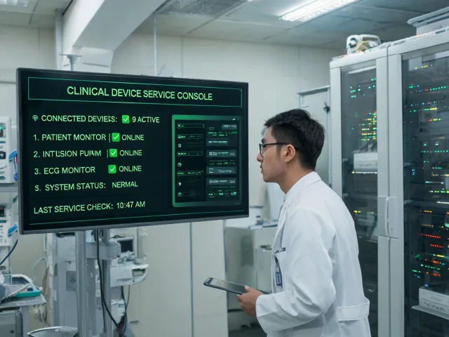 Biomedical engineer reviewing service console