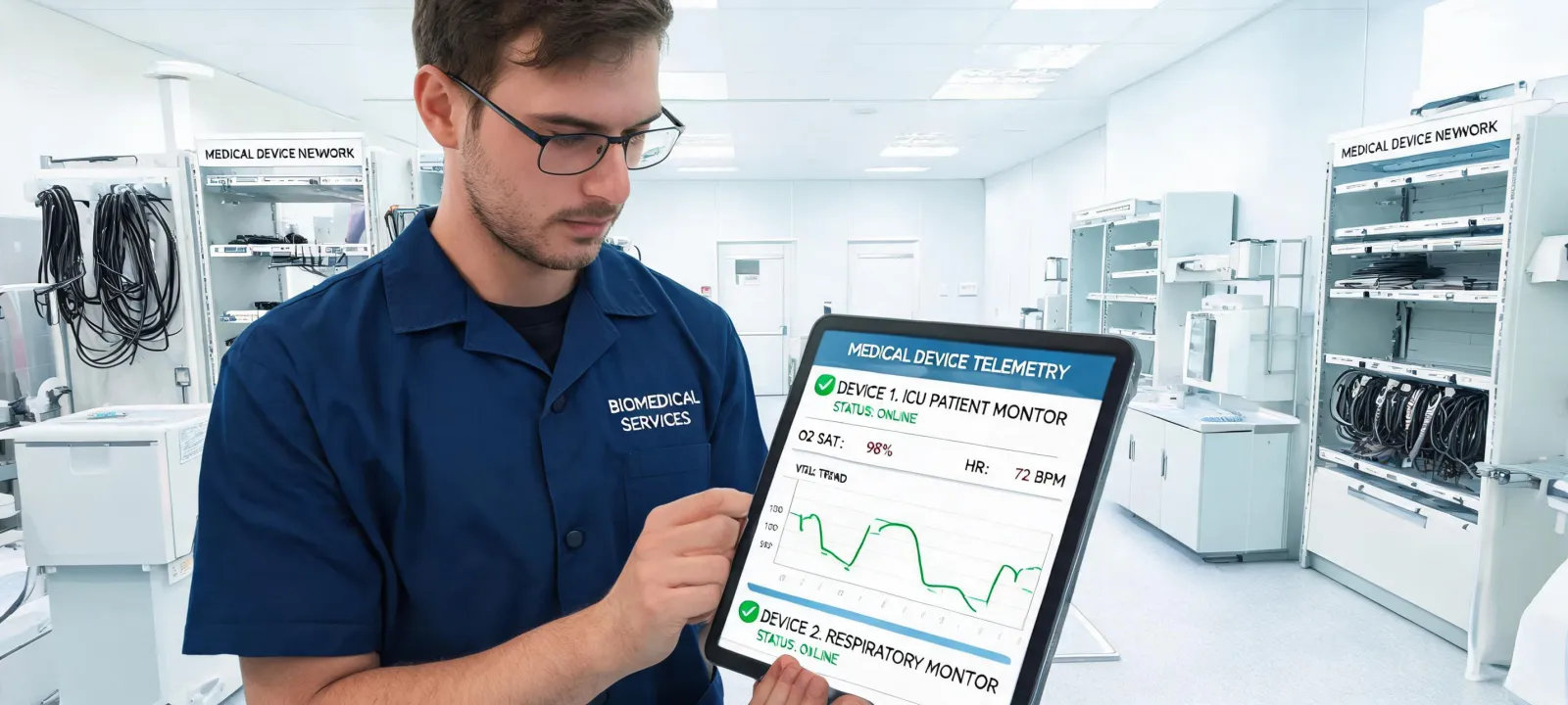 Biomedical engineer reviewing connected device dashboard